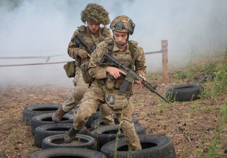 Ukrainian servicemen attend an exercise in Kharkiv region