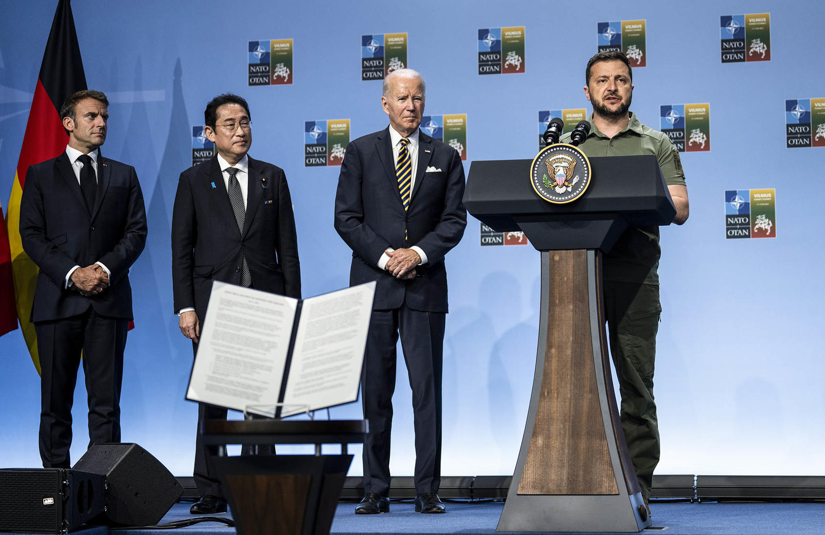 President Volodymyr Zelenskyy of Ukraine speaks during a joint declaration of support for Ukraine by the leaders of the Group of Seven nations during the NATO Summit in Vilnius, Lithuania, on Wednesday, July 12, 2023. (Doug Mills/The New York Times)